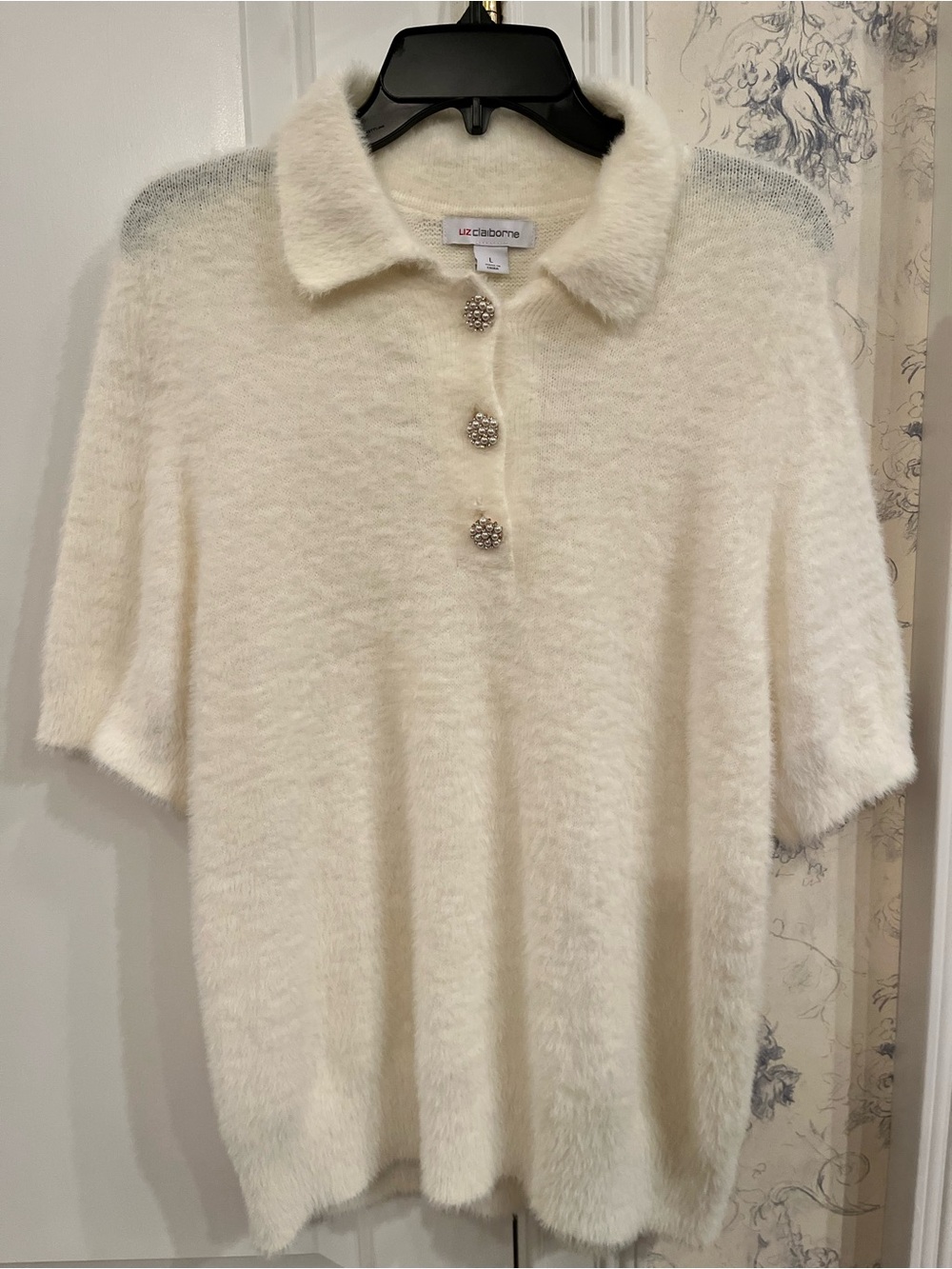 Liz Claiborne Cream Fuzzy Polo with Jewel Buttons